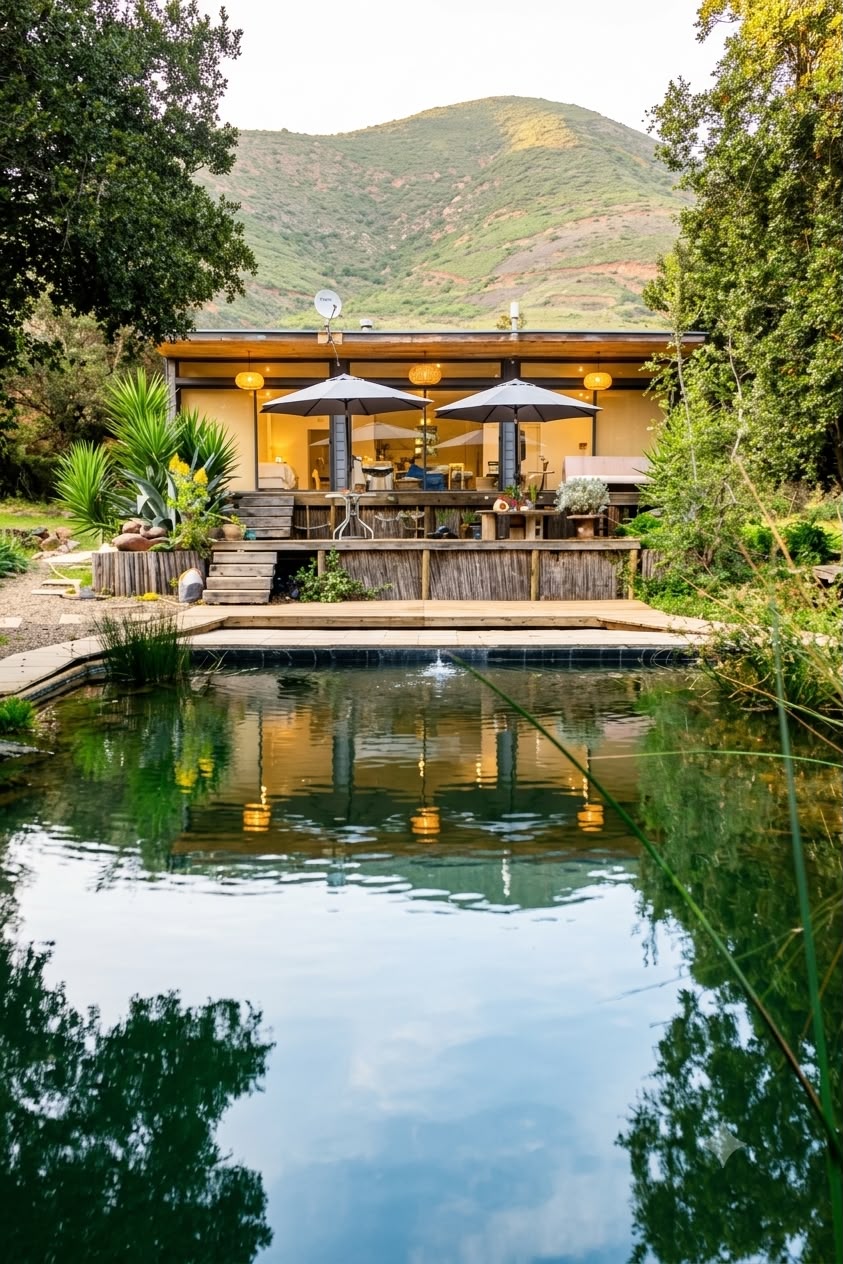 Casa Bosque al atardecer, reflejada en la biopiscina