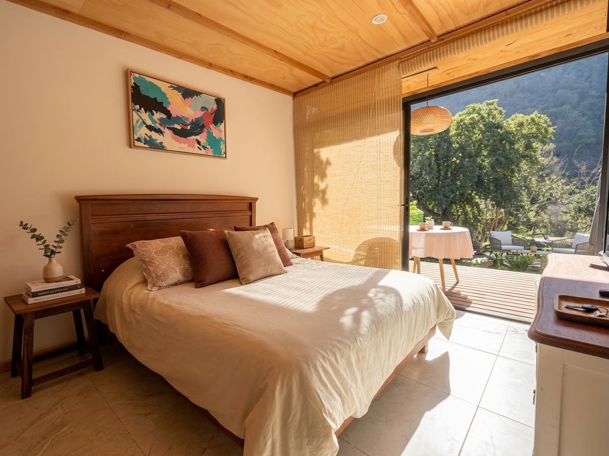 Dormitorio cálido con salida al bosque