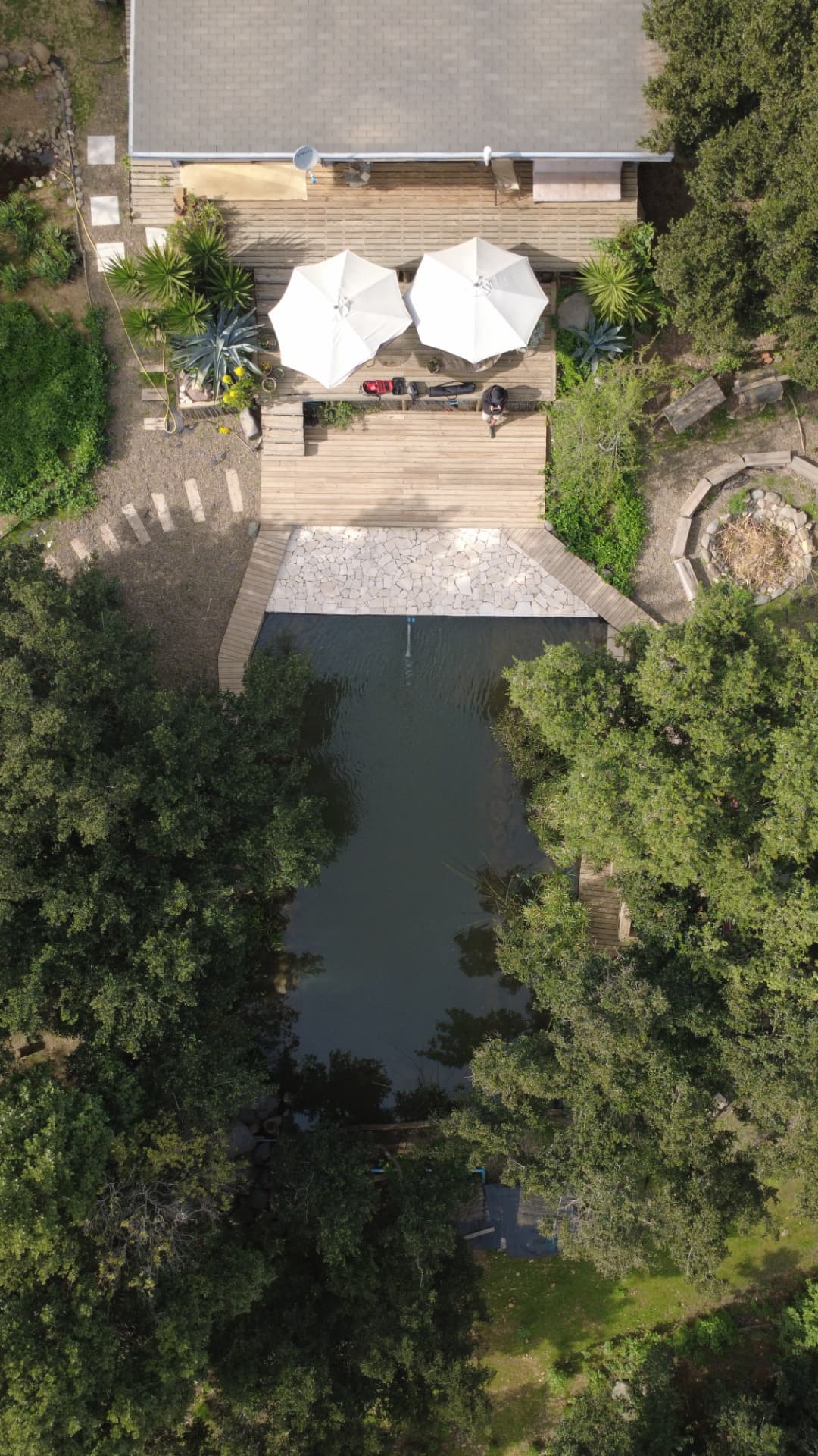 Vista aérea de la casa, la terraza y la biopiscina