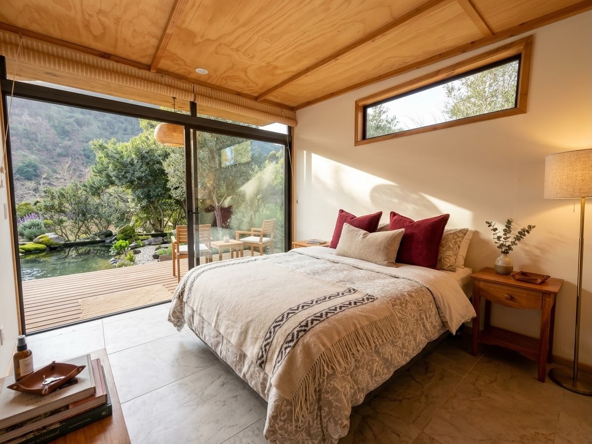 Dormitorio con vista a la biopiscina
